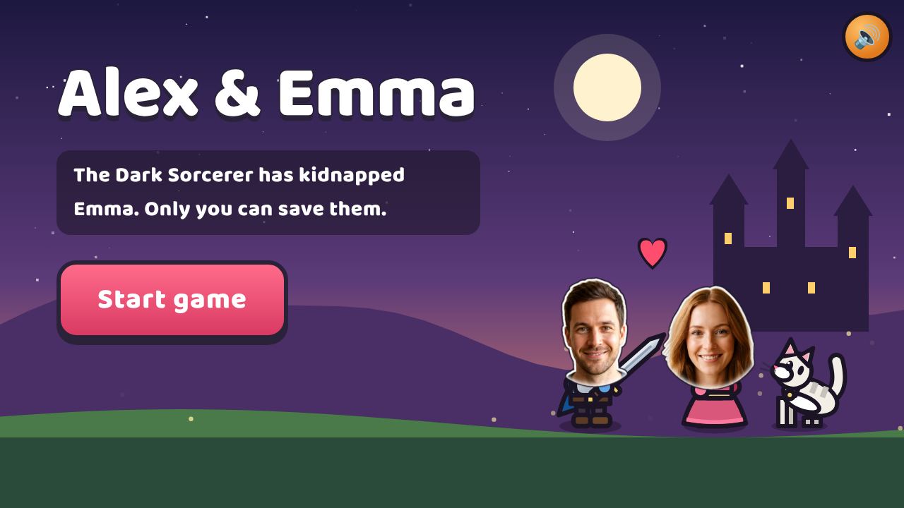 Title screen of Love Quest with the sample couple Alex and Emma